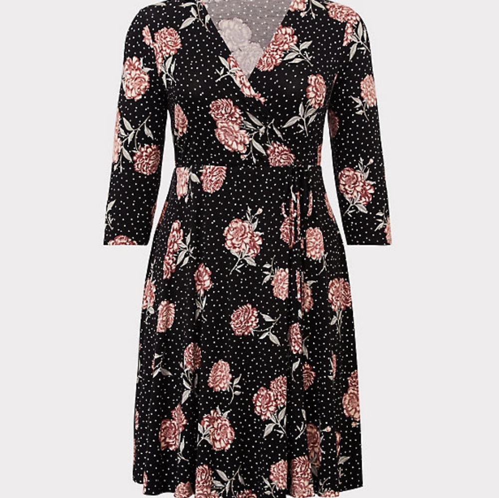 BLACK FLORAL DOT JERSEY WRAP DRESS